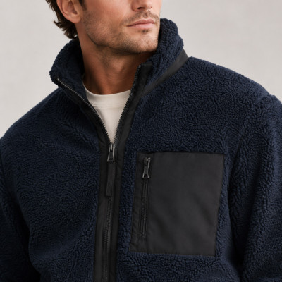 Custom Sherpa Jacket OEM Navy Blue Black Contrast Pocket Zip