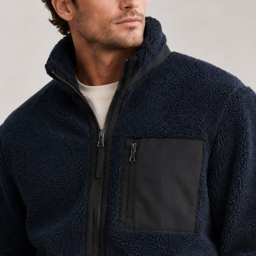 Custom Sherpa Jacket OEM Navy Blue Black Contrast Pocket Zip