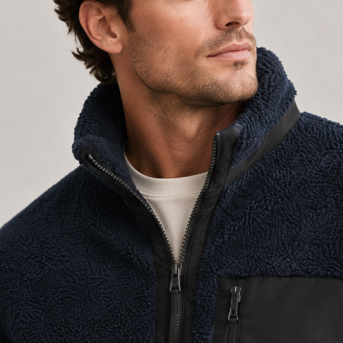 Custom Sherpa Jacket OEM Navy Blue Black Contrast Pocket Zip