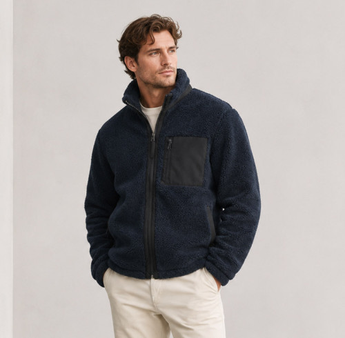 Custom Sherpa Jacket OEM Navy Blue Black Contrast Pocket Zip