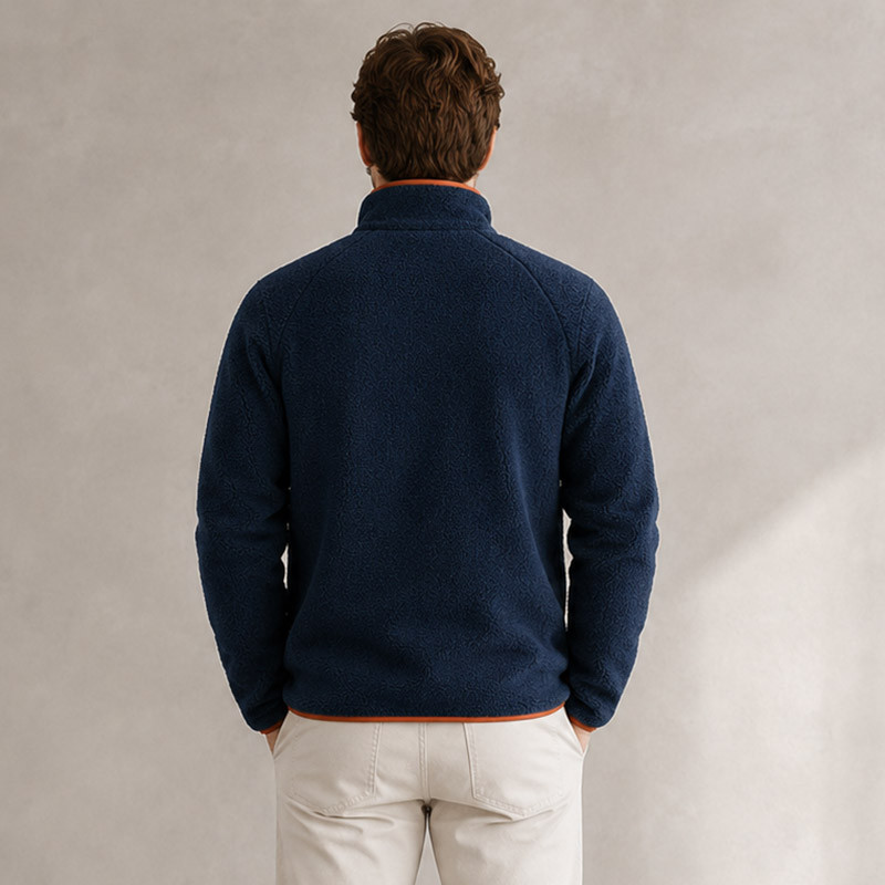 Detail of Custom Navy Blue Sherpa Jacket with Orange Contrast