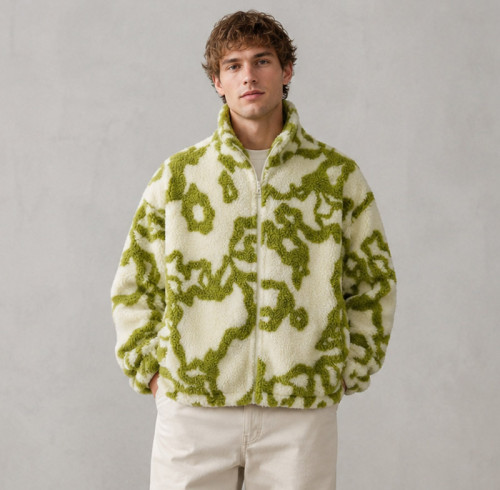 Custom Sherpa Jacket OEM Green Abstract Pattern Zip-Up