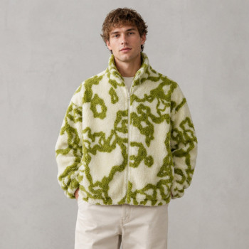 Custom Sherpa Jacket OEM Green Abstract Pattern Zip-Up