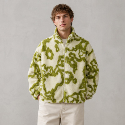 Custom Sherpa Jacket OEM Green Abstract Pattern Zip-Up
