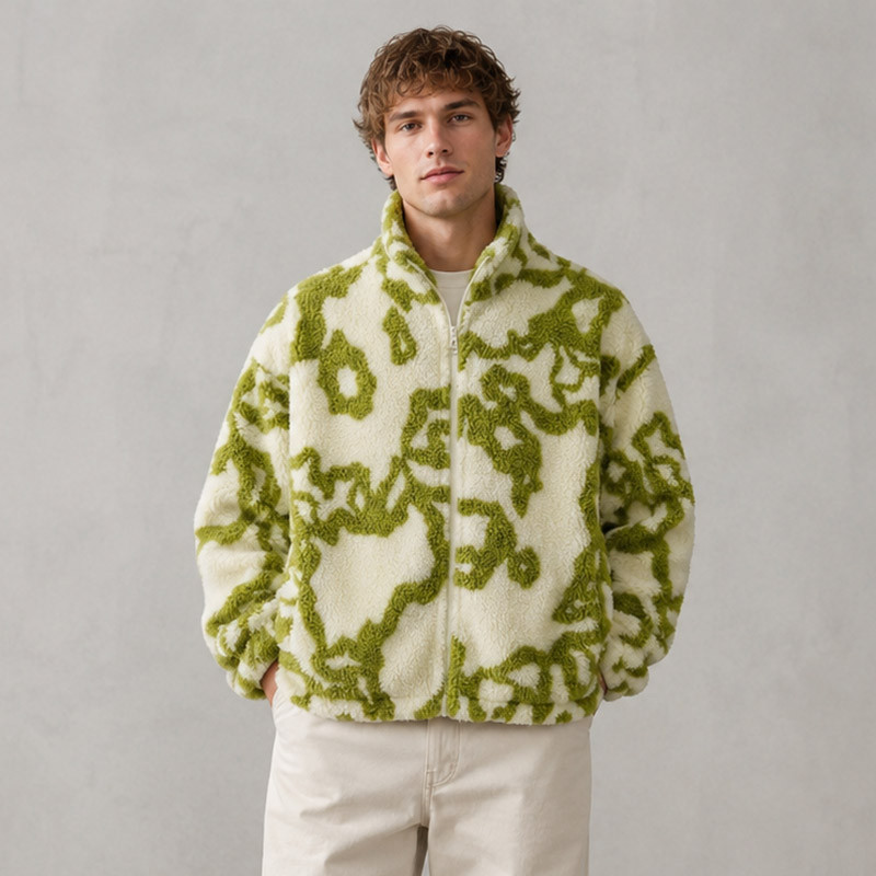 green abstract pattern sherpa fleece jacket model