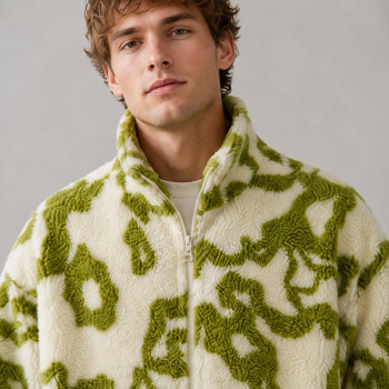 Custom Sherpa Jacket OEM Green Abstract Pattern Zip-Up