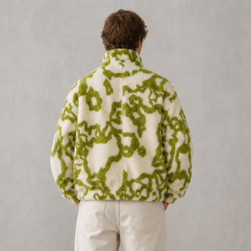 Custom Sherpa Jacket OEM Green Abstract Pattern Zip-Up