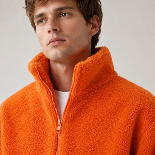 Custom Sherpa Jacket OEM Solid Orange Zip-Up Stand Collar