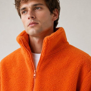 Custom Sherpa Jacket OEM Solid Orange Zip-Up Stand Collar