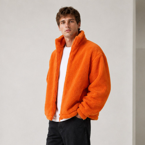 Custom Sherpa Jacket OEM Solid Orange Zip-Up Stand Collar