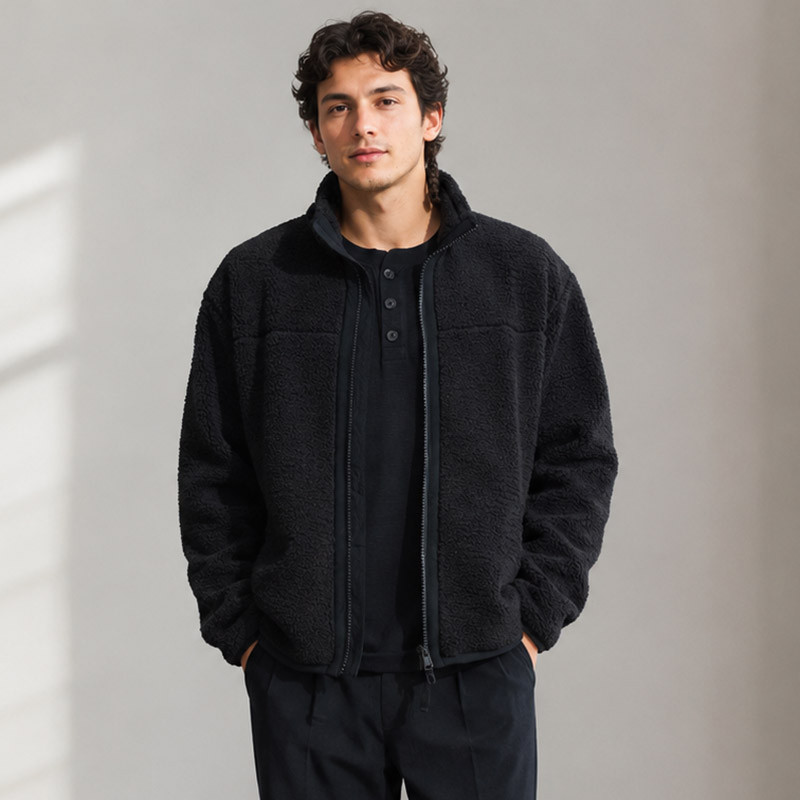 solid black sherpa fleece zip jacket model