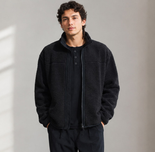 Custom Sherpa Jacket OEM Solid Black Zip-Up Minimalist