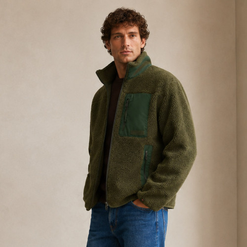 Custom Sherpa Jacket OEM Olive Green Nylon Pocket Zip-Up