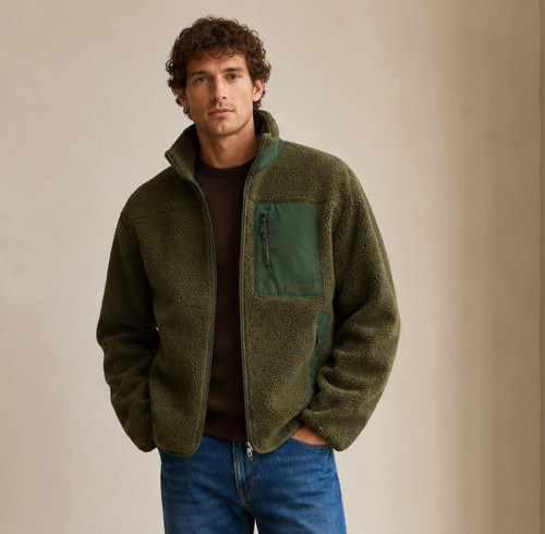 Custom Sherpa Jacket OEM Olive Green Nylon Pocket Zip-Up