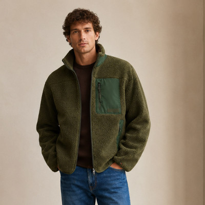 Custom Sherpa Jacket OEM Olive Green Nylon Pocket Zip-Up