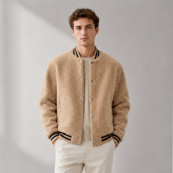 Custom Sherpa Jacket OEM Beige Varsity Snap Button Collar