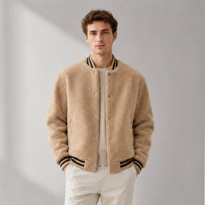 Custom Sherpa Jacket OEM Beige Varsity Snap Button Collar