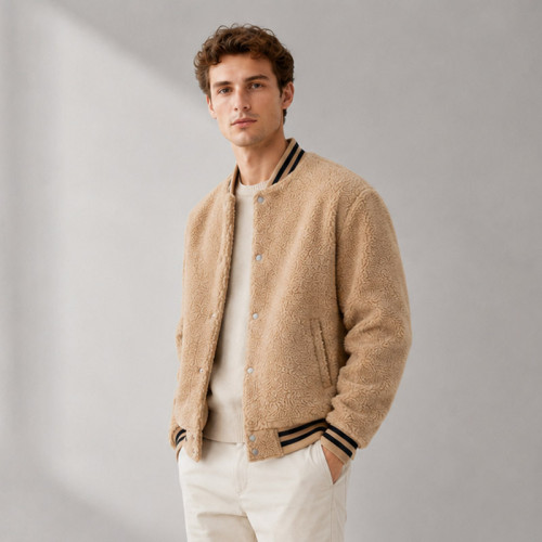 Custom Sherpa Jacket OEM Beige Varsity Snap Button Collar