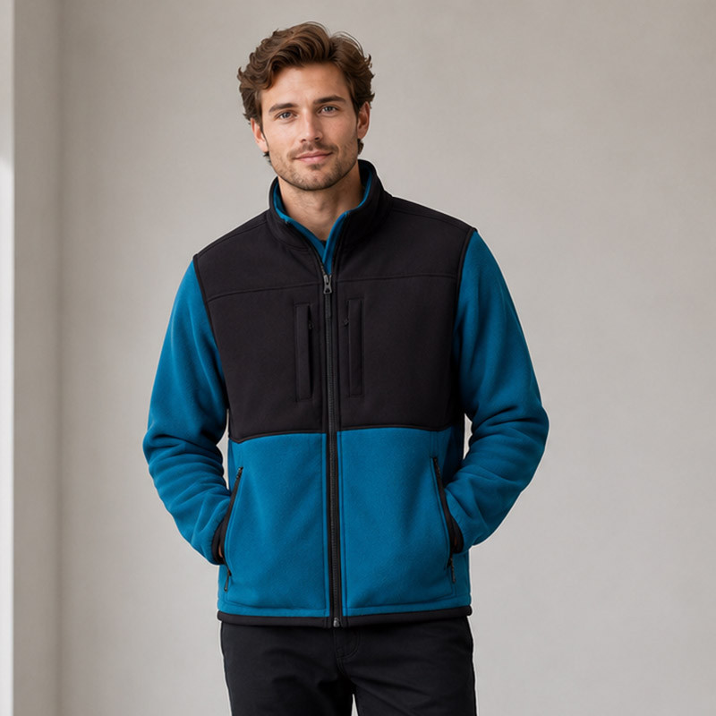 blue black colorblock fleece jacket model