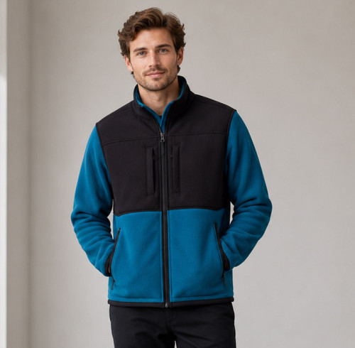 Custom Fleece Jacket OEM Blue Black Colorblock Zip-Up