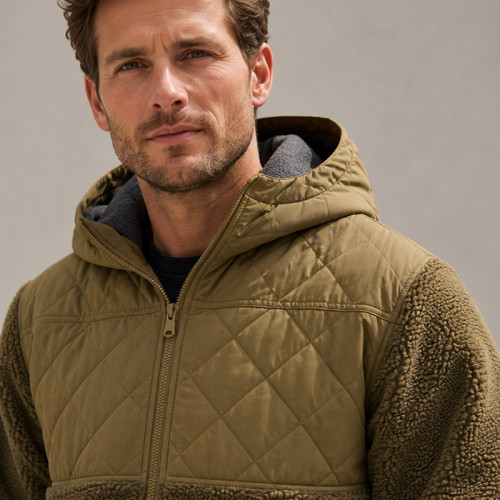 Custom Sherpa Jacket OEM Olive Hooded Quilted Nylon Panel