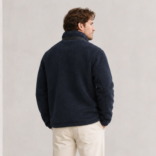 Custom Sherpa Jacket OEM Navy Blue Black Contrast Pocket Zip