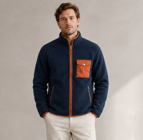Custom Sherpa Jacket OEM Navy Blue Orange Contrast Pocket Zip