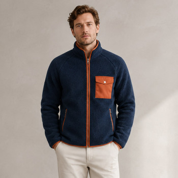 Custom Sherpa Jacket OEM Navy Blue Orange Contrast Pocket Zip