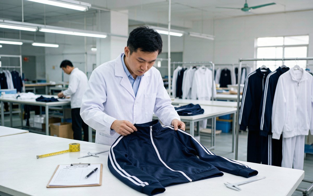 Quality control inspection at a Chinese tracksuit factory