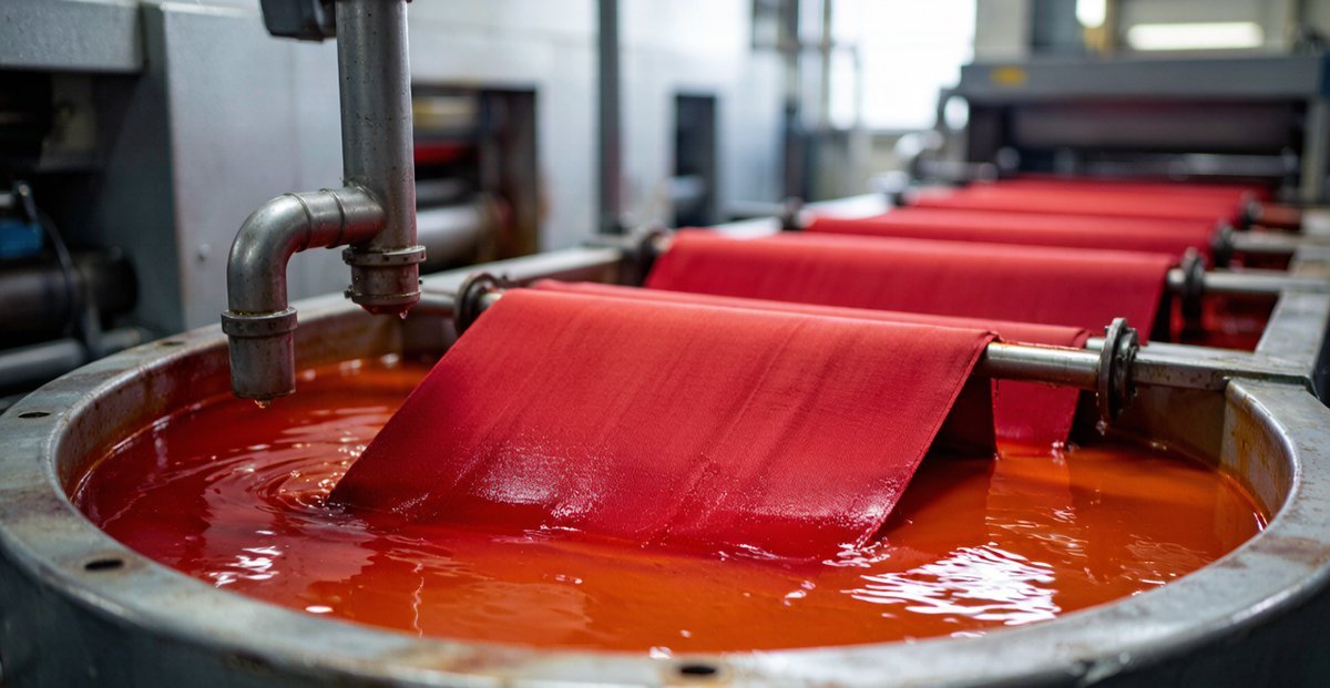 Close-up of fabric dyeing process in textile manufacturing facility