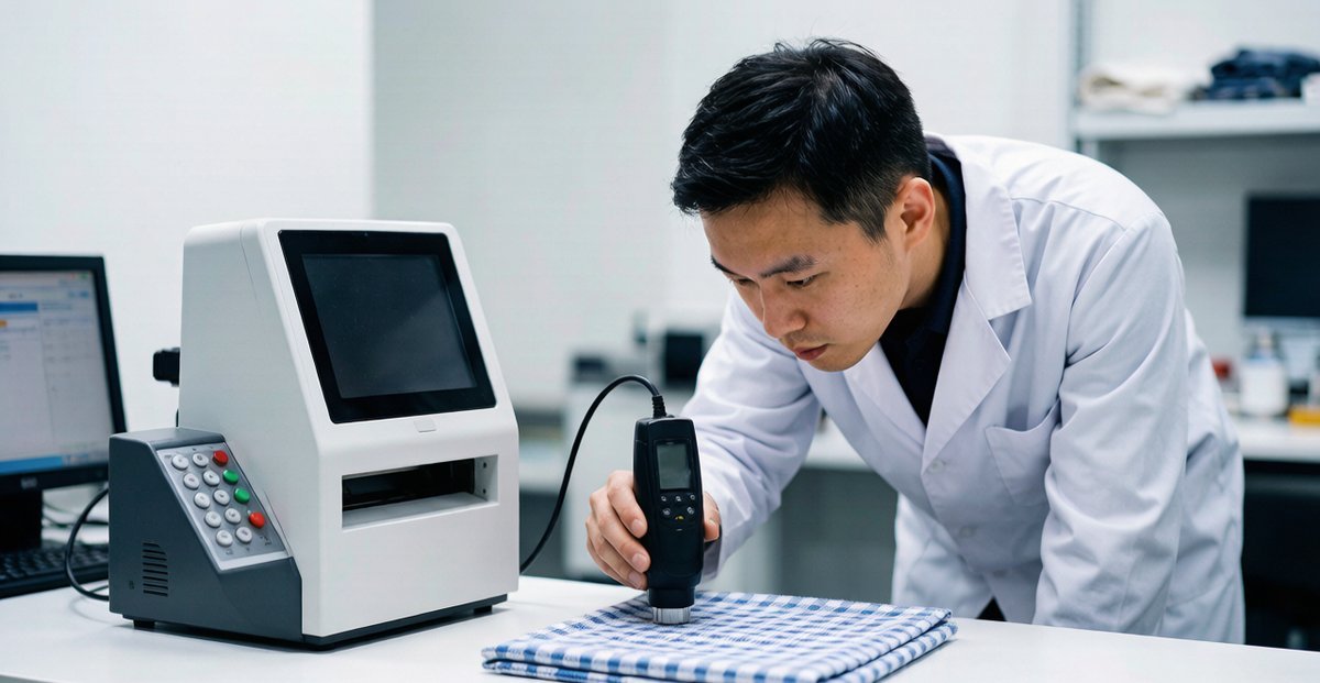 Quality control inspector checking fabric color accuracy with spectrophotometer
