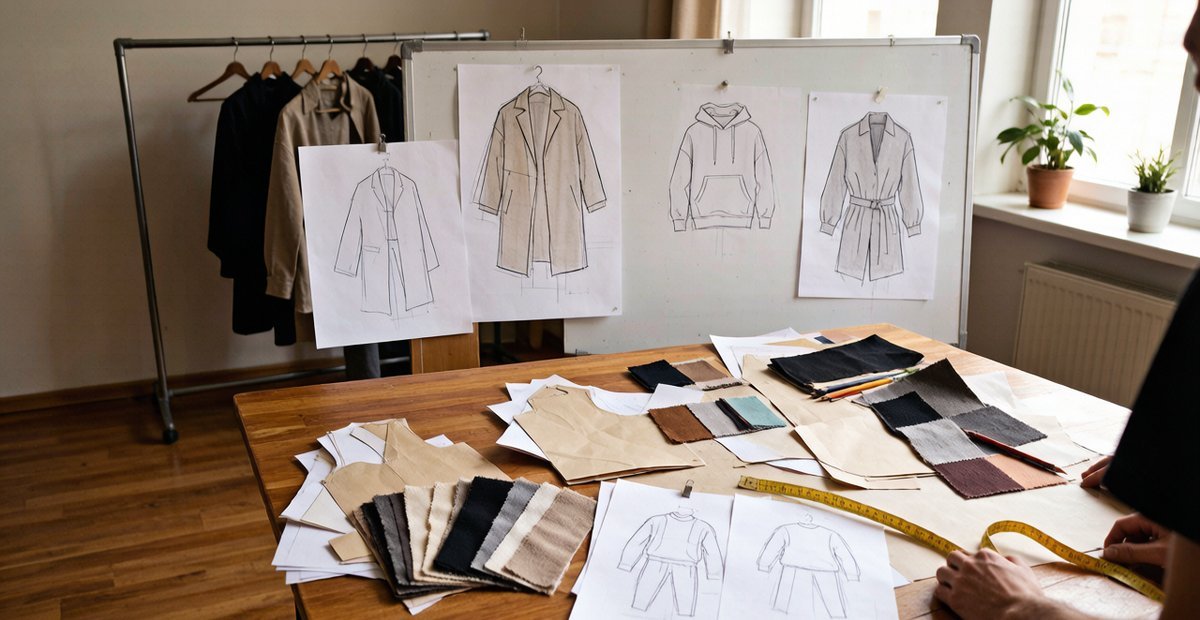 Men fashion designer workspace with tech packs, fabric swatches and menswear sketches