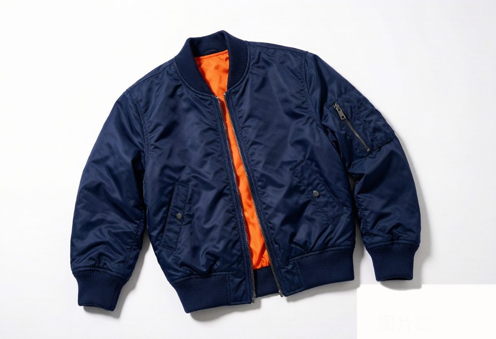 Classic MA-1 style navy blue bomber jacket with ribbed cuffs, orange lining, and nylon shell - flat lay