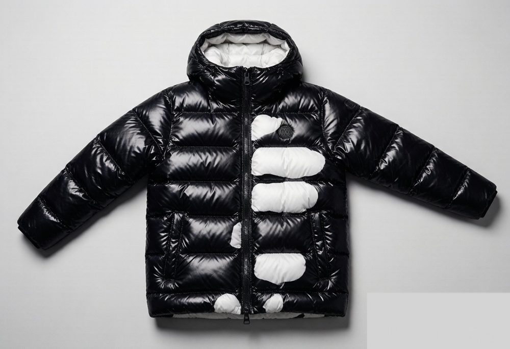 Premium black puffer jacket with horizontal baffle quilting, hood, and synthetic insulation - flat lay lookbook