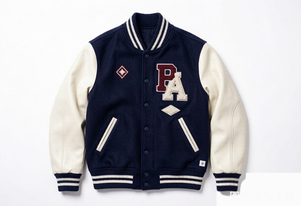 Varsity letterman jacket in navy melton wool with cream leather sleeves and chenille patches - flat lay
