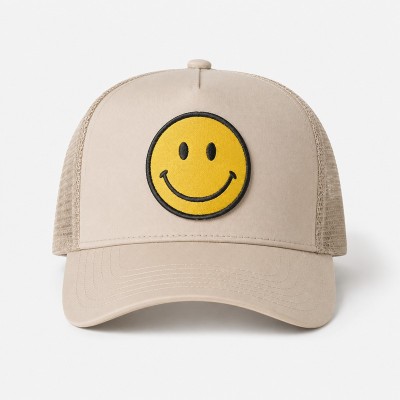 Custom Khaki Trucker Hat With Green & Yellow Logo Print