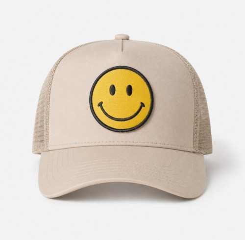 Custom Khaki Trucker Hat With Green & Yellow Logo Print