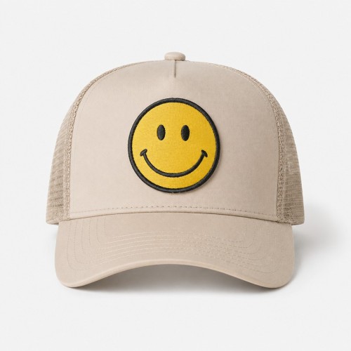 Custom Khaki Trucker Hat With Green & Yellow Logo Print