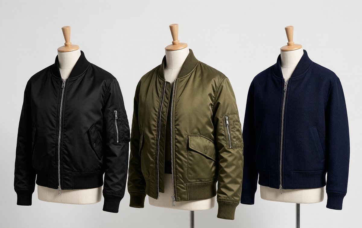Three bomber jackets in nylon, satin, and wool - MA-1 style streetwear outerwear collection