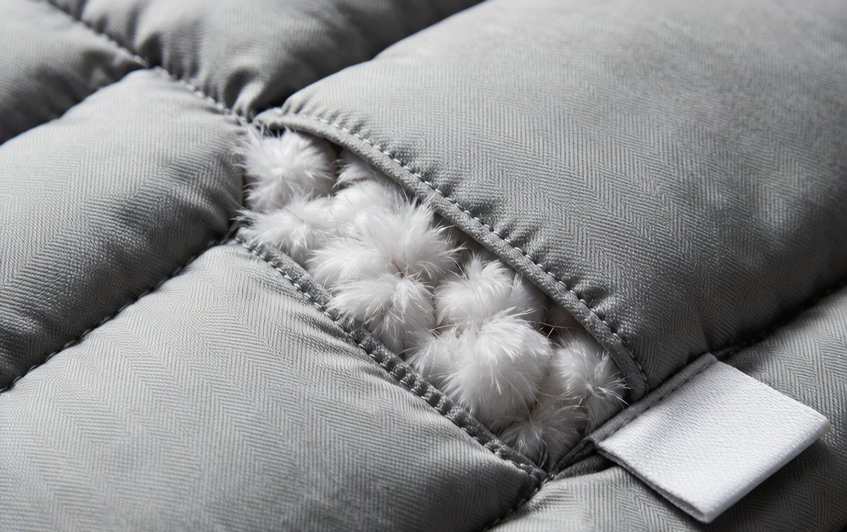 Puffer jacket baffle construction with down insulation inside quilted channels