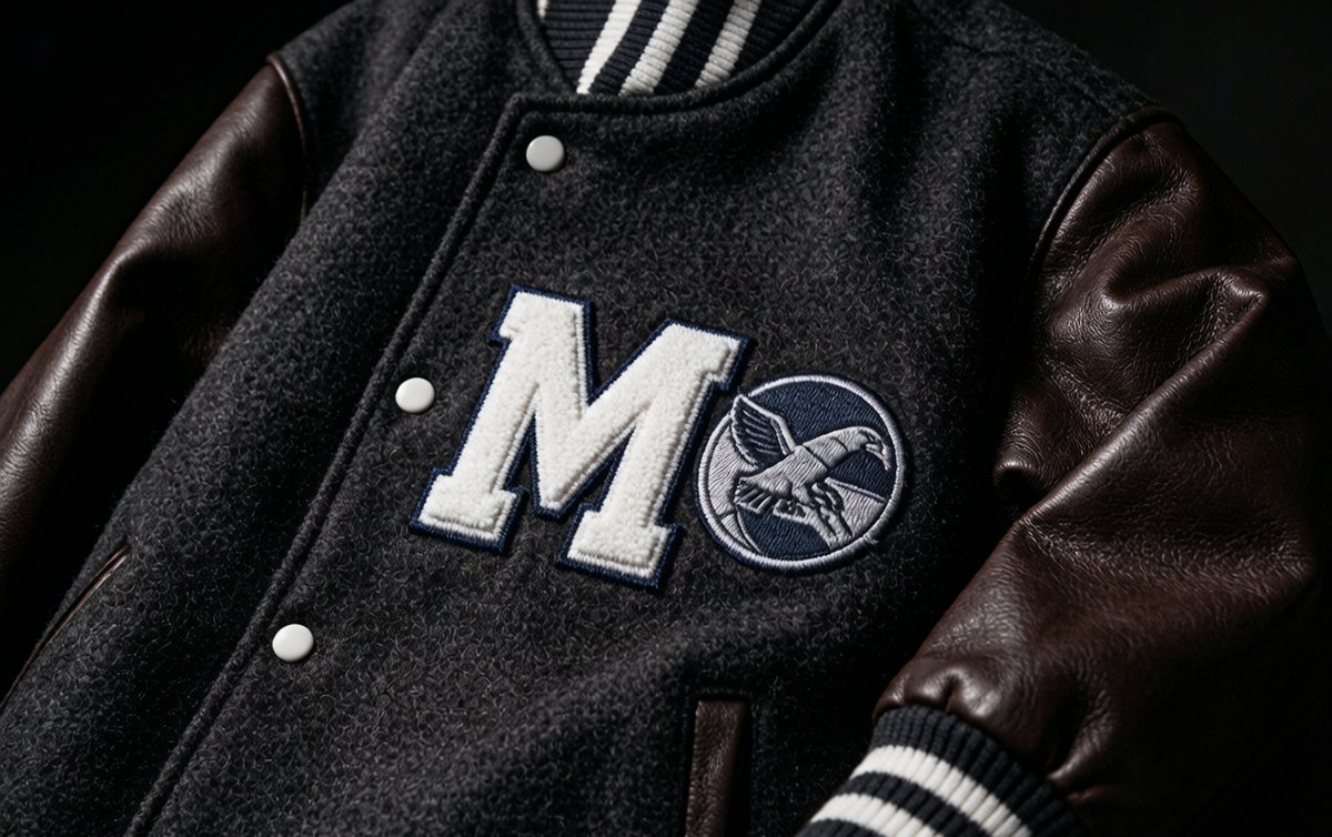 Premium varsity jacket with melton wool body, leather sleeves, and chenille patches