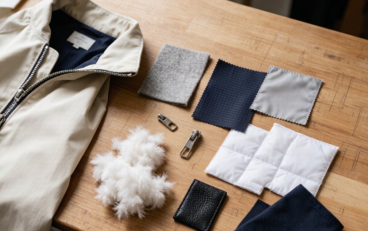 Outerwear material comparison: nylon taffeta, wool, ripstop, down fill, insulation, and zippers