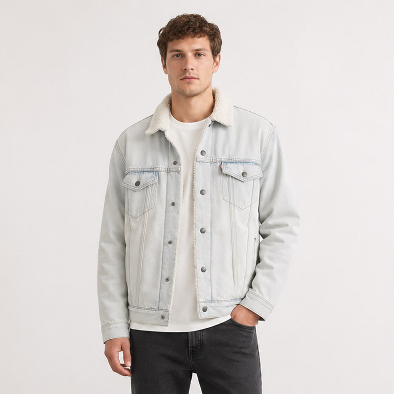 Custom Light Wash Denim Sherpa Trucker Jacket