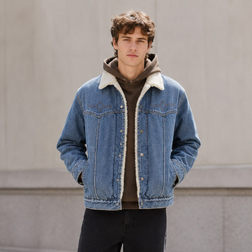 Custom Indigo Denim Sherpa Jacket With Embroidery