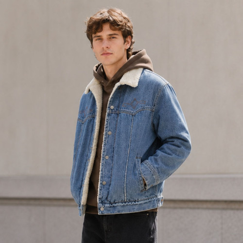 Custom Indigo Denim Sherpa Jacket With Embroidery