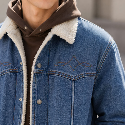 Custom Indigo Denim Sherpa Jacket With Embroidery