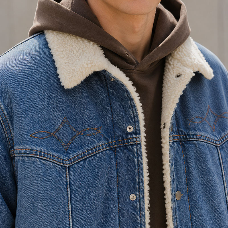 Custom Indigo Denim Sherpa Jacket With Paisley Embroidery