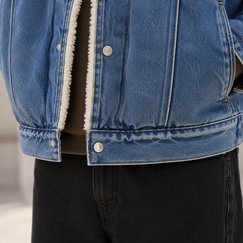 Custom Indigo Denim Sherpa Jacket With Embroidery