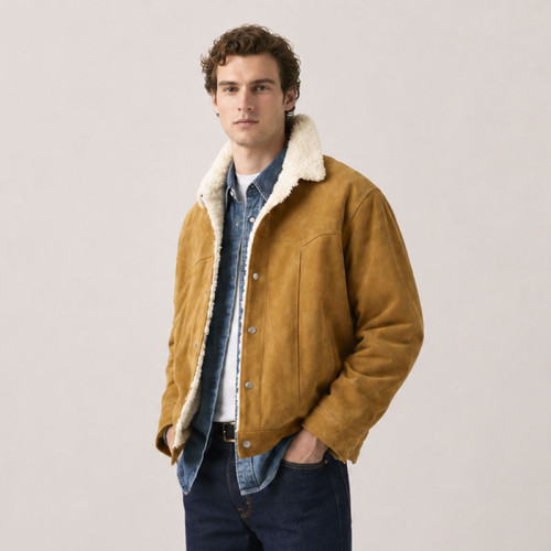 Custom Tan Suede Sherpa Trucker Jacket
