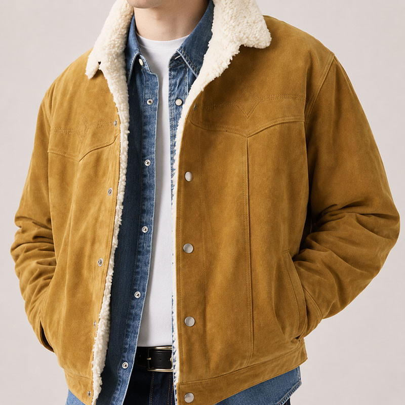 Custom Tan Suede Sherpa Trucker Jacket